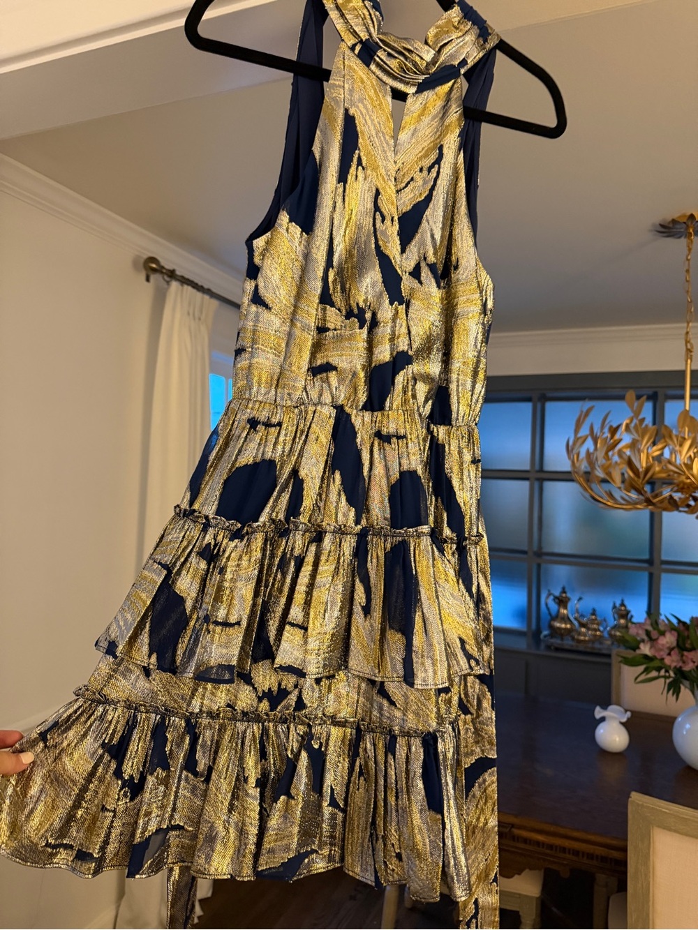 Rebecca Vallance Navy and Gold Brushstroke Halter Tiered Mini Dress
